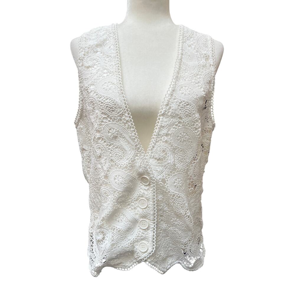 Nasty Gal White Crochet Lace Vest Button Up Boho Festival Waistcoat Top Sz 4 NWT